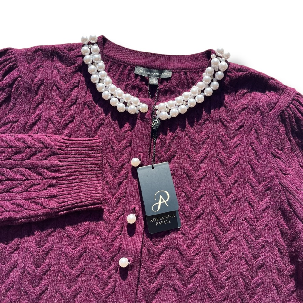 Adrianna Papell Md Raisin Purple Cable Knit Pearly Buttons Trim Cardigan Sweater